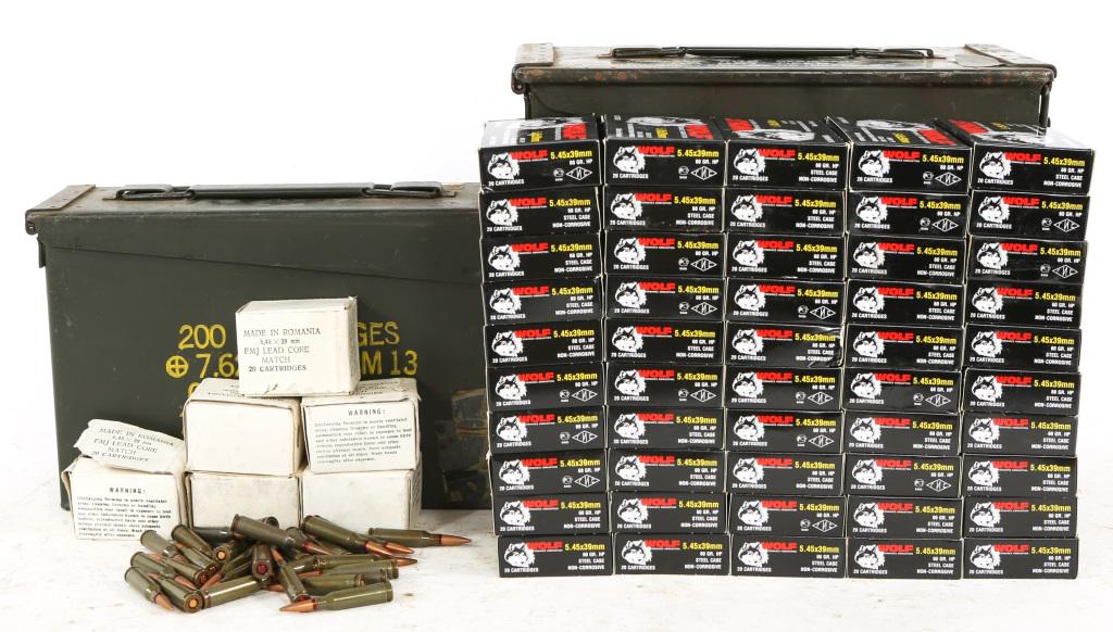 AMMUNITION IN CANS 5.45x39 CAL OVER 1000 ROUNDS: AMMUNITION IN CANS 5.45x39 CAL OVER 1000 ROUNDS 5.45x39mm ammunition. 1,000+ rounds in two ammo cans. About 900 rounds are Wolf 60GR. HP in box. Caliber / Gauge: 5.45x39mm