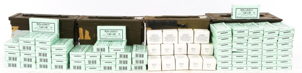 AMMUNITION LARGE LOT 7.62x39 CALIBER: AMMUNITION LARGE LOT 7.62x39 CALIBER 7.62x39 caliber ammunition. Total of 1,750+ boxed rounds in four ammo cans. 1,400+ of them are Lellier & Bellot made in Czech republic. Caliber / Gauge: 7.62X39