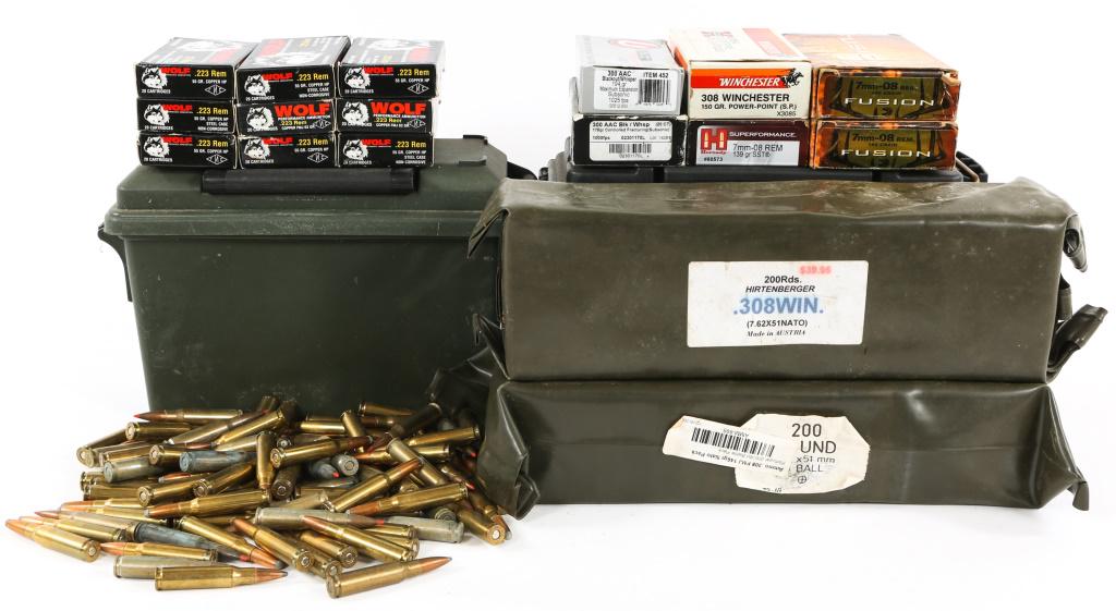 RIFLE AMMUNITION LOT IN CANS OVER 650 ROUNDS: RIFLE AMMUNITION LOT IN CANS OVER 650 ROUNDS 650+ total rounds in lot. 180 rounds of Wolf .223. Approximately 480+ rounds of .308/7.62x51. 30+ rounds of 300 Blackout Whisper. Approximately 1/3 of blac