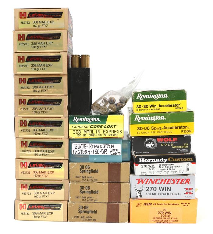 RIFLE AMMUNITION LOT OF 420+ ROUNDS: RIFLE AMMUNITION LOT OF 420+ ROUNDS 200 rounds of Hornady Lever-Evolution .308 MAR EXP 160GR. FTX. 20 rounds of Remington .308 Marlin Express 150GR. Core-Lokt SP. 20 rounds of Remington 30-06 150GR. C