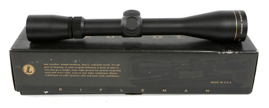 LEUPOLD RIFLEMAN 3-9X40MM RIFLE SCOPE: LEUPOLD RIFLEMAN 3-9X40MM RIFLE SCOPE Leupold Rifleman 3-9x40mm rifle scope. Wide duplex reticle. Second focal plane. Original box with accessories. Serial number 150213N. Scope sock included. Size / 