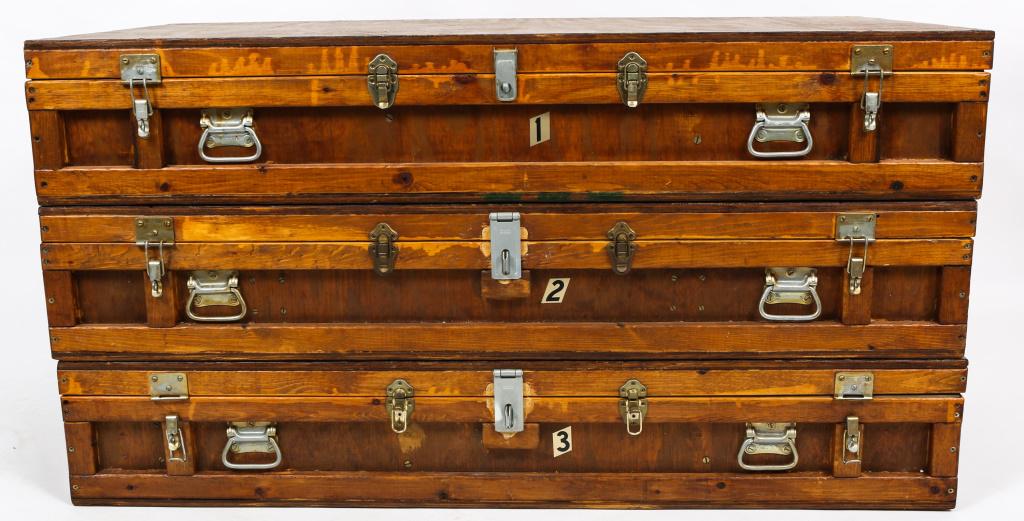 MULTIPLE LONG GUN CUSTOM WOODEN HARDCASE LOT OF 3: MULTIPLE LONG GUN CUSTOM WOODEN HARDCASE LOT OF 3 Three custom long gun wooden hard cases, measuring 48"x24"x8.5". Each case custom built to securely hold 6 different long guns. M1 Garand, Springfield