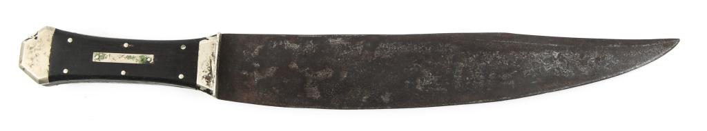 VINTAGE COFFIN HANDLE MACHETE / BOWIE KNIFE: VINTAGE COFFIN HANDLE MACHETE / BOWIE KNIFE Vintage large coffin handle machete / bowie knife. No visible maker mark. Heavy drop point blade. Wood grips with silver plated fittings and rivets. Blade L