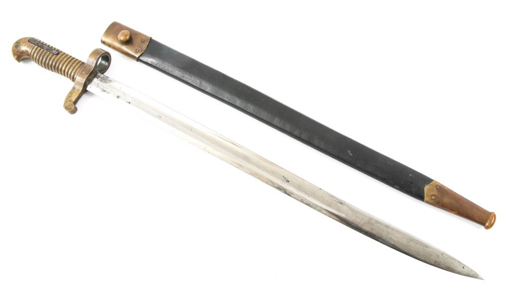 CIVIL WAR US MODEL 1841 BAYONET & SCABBARD: CIVIL WAR US MODEL 1841 BAYONET & SCABBARD Civil War era US Model 1841 bayonet and scabbard. Bright blade marked " S " on the ricasso, heavy brass handle, stamped " C " on both sides of the guard and 