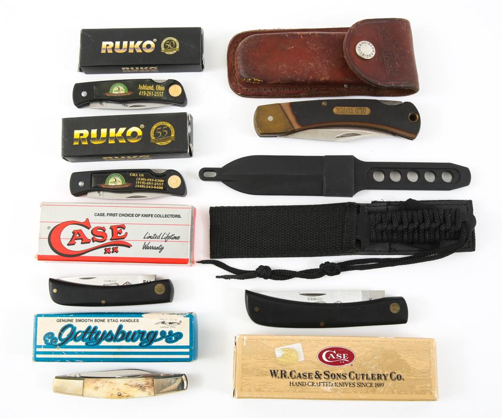 TACTICAL & POCKET FOLDING KNIVES LOT OF 8: TACTICAL & POCKET FOLDING KNIVES LOT OF 8 Lot of tactical & pocket knives. Includes 1- Gettysburg edition pocket knife with bone handle; 1- Case SOD Buster; 1- Case xx; 2- Ruko; 1- Schrade Old Timer w