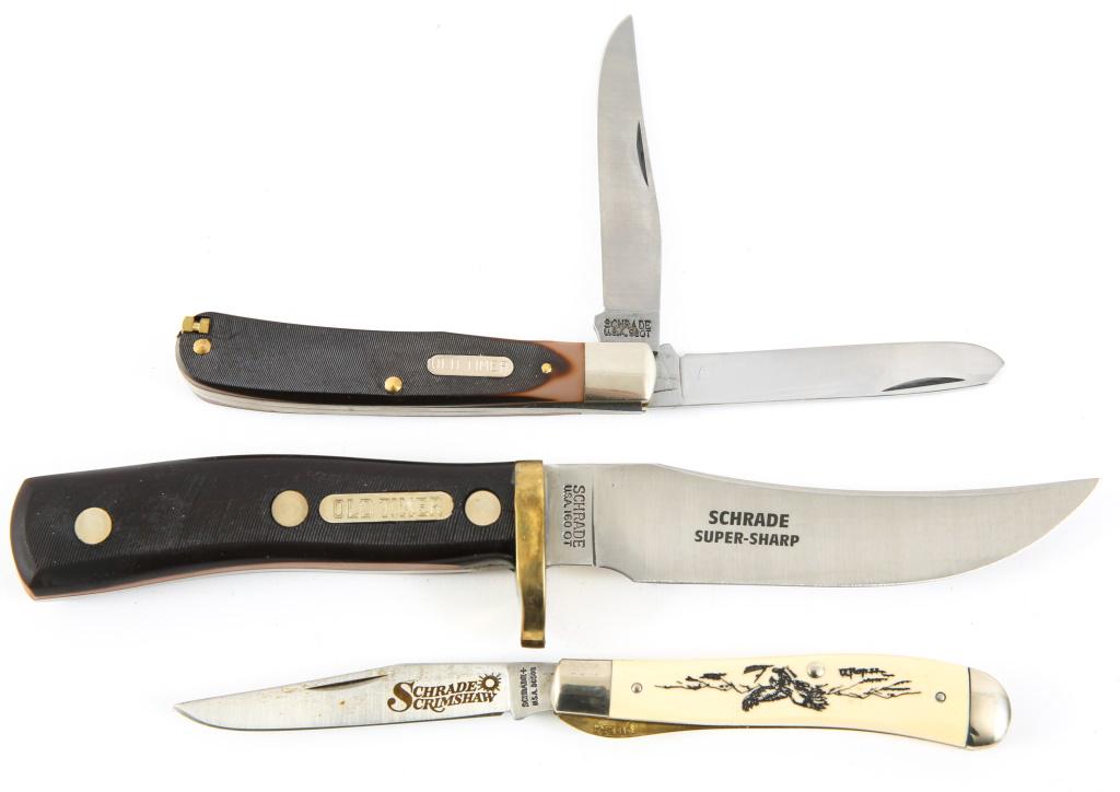 SCHRADE CUTLERY KNIFE LOT OF 4: SCHRADE CUTLERY KNIFE LOT OF 4 Four Schrade Cutlery knives, including 1995-1996 federal duck stamp commemoratives knife with patch in original packaging; no. 503SC with eagle scene; Old Timer no. 960T