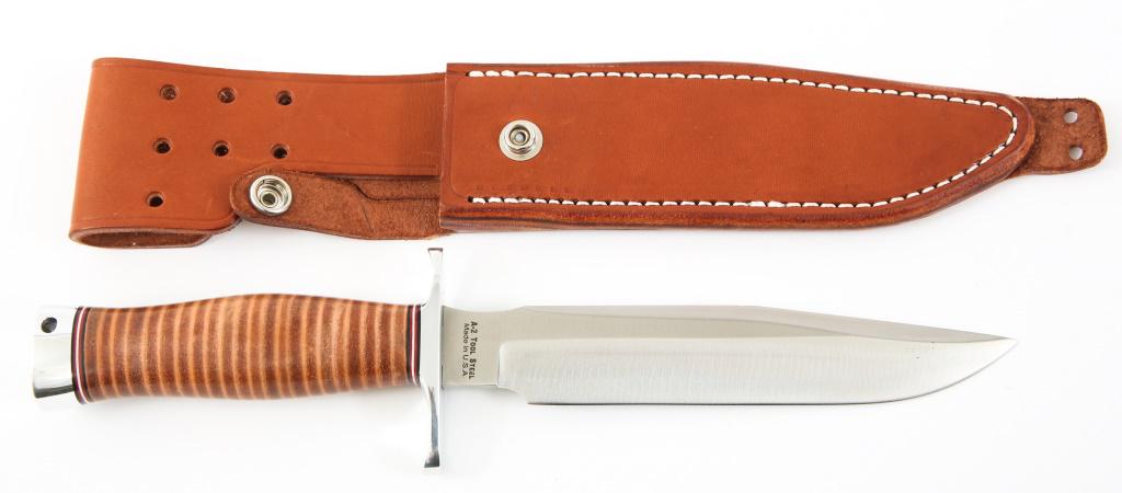 BLACK JACK KNIVES MODEL 1-7 COMMANDO KNIFE: BLACK JACK KNIVES MODEL 1-7 COMMANDO KNIFE Black Jack Knives Model 1-7 Commando knife, clip point blade. Stacked brown leather handle. Made in USA brown leather sheath. Blade Length: 6" Overall Length