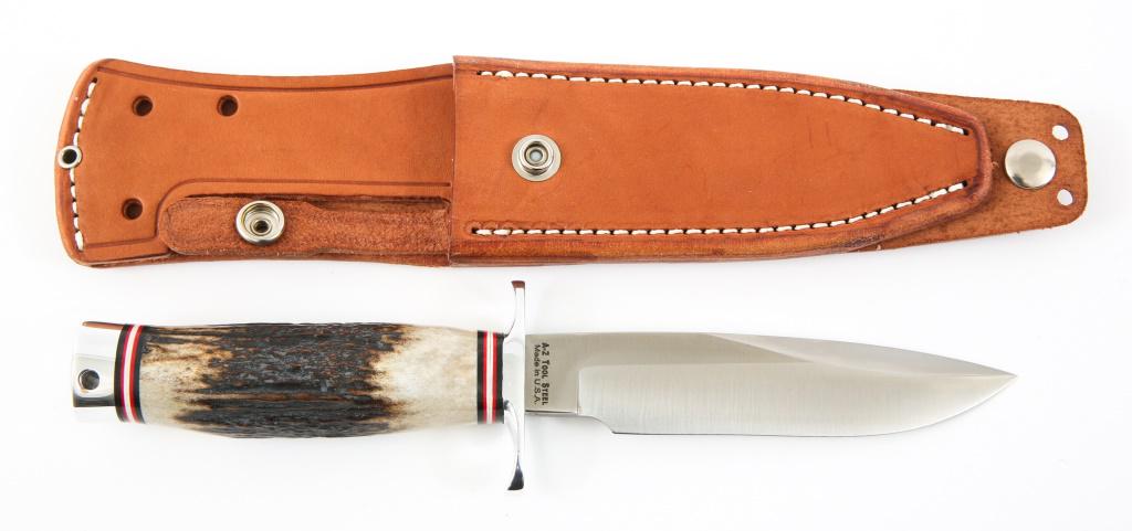 BLACK JACK KNIVES PILOT SURVIVAL MODEL 16 KNIFE: BLACK JACK KNIVES PILOT SURVIVAL MODEL 16 KNIFE Black Jack Knives Model 16 Jet Pilot Survival. Made in USA from A-2 tool steel. Clip point blade. USA made brown leather sheath with belt loop. Limited