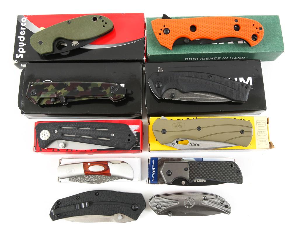 CRKT BOKER BUCK & SPYDERCO POCKET KNIVES LOT OF 10: CRKT BOKER BUCK & SPYDERCO POCKET KNIVES LOT OF 10 1- Remington drop point blade, spring assisted open. 2- NRA finger grooved black Micarta handle folder. 3- NRA Damascus blade, wood insert handle fol