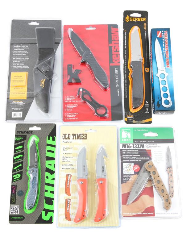 GERBER SCHRADE CRKT & BROWNING KNIVES NEW LOT OF 8: GERBER SCHRADE CRKT & BROWNING KNIVES NEW LOT OF 8 1- CRKT M16-13ZM Kit Carson design, Iraqi Freedom. 1- Tiger Shark Dive Knife with leg strap sheath. 2- Old Timer knives, one with gut hook. 1- Browni