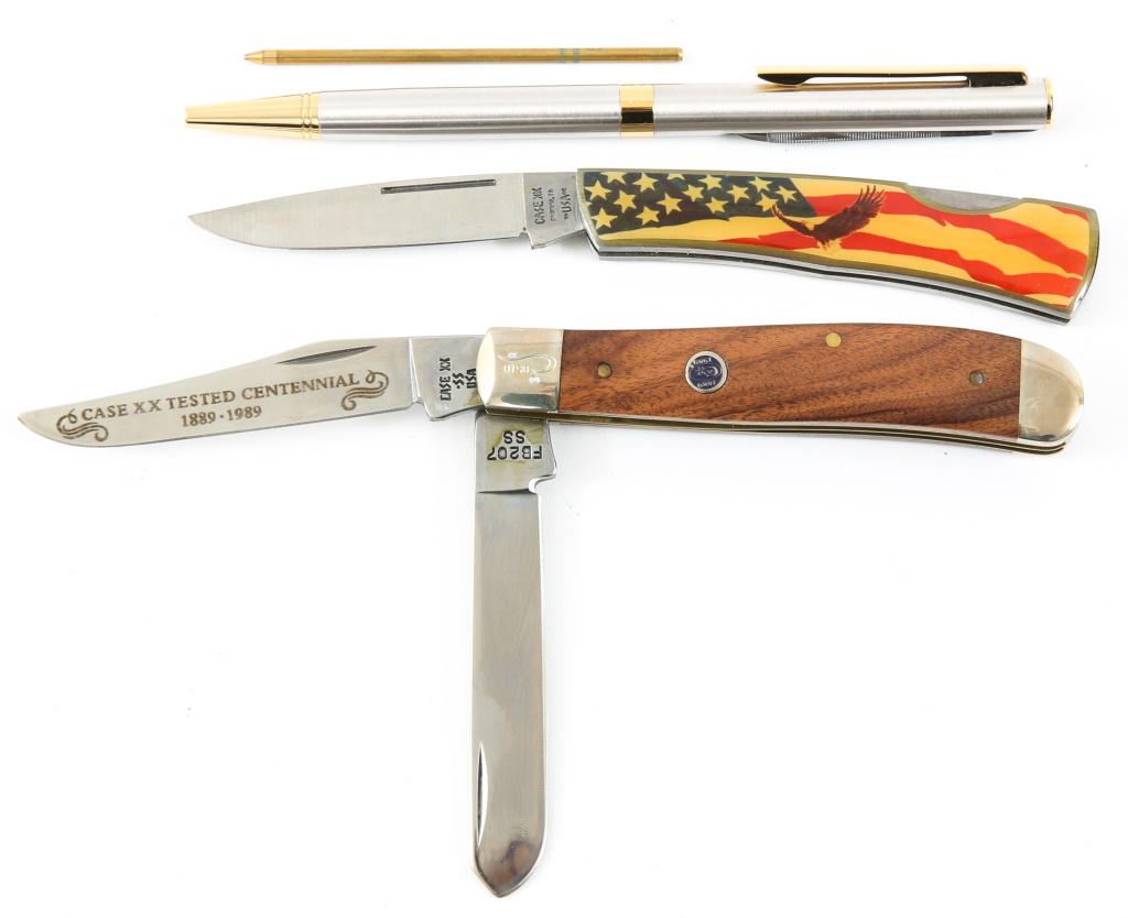 CASE KNIFE LOT - CENTENNIAL, OLD GLORY & OTHERS: CASE KNIFE LOT - CENTENNIAL, OLD GLORY & OTHERS Six Case knives in original packaging including Centennial (1889-1989) two blade folding knife; flag and eagle handle design with folding blade; Old Glo