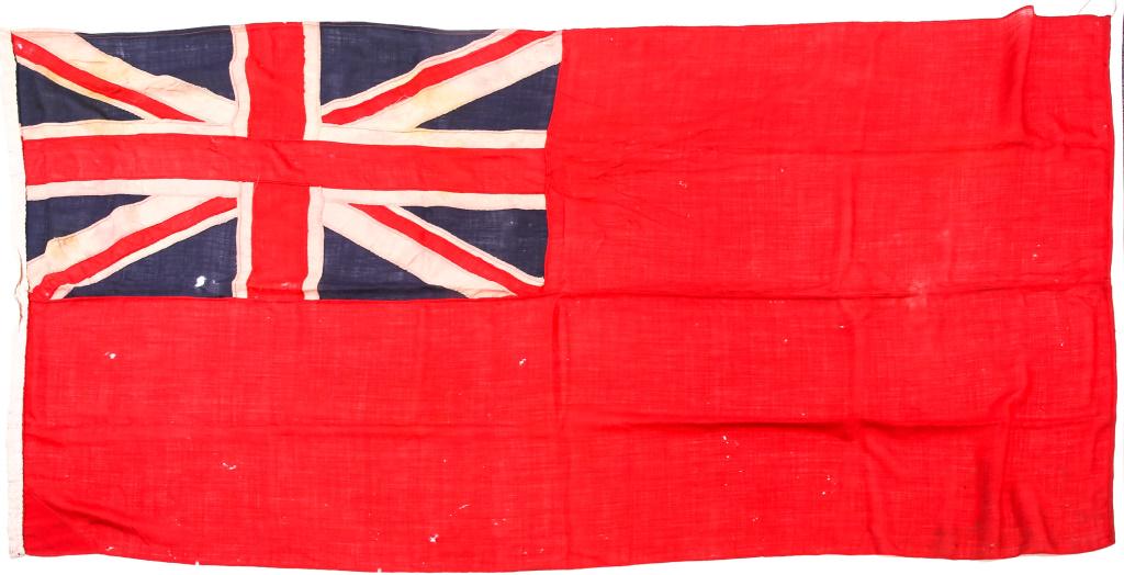 WWII LARGE BRITISH RED ENSIGN FLAG: WWII LARGE BRITISH RED ENSIGN FLAG WWII British Navy Red Ensign flag. Multiple piece construction, double sided. Size: 107" x 54"