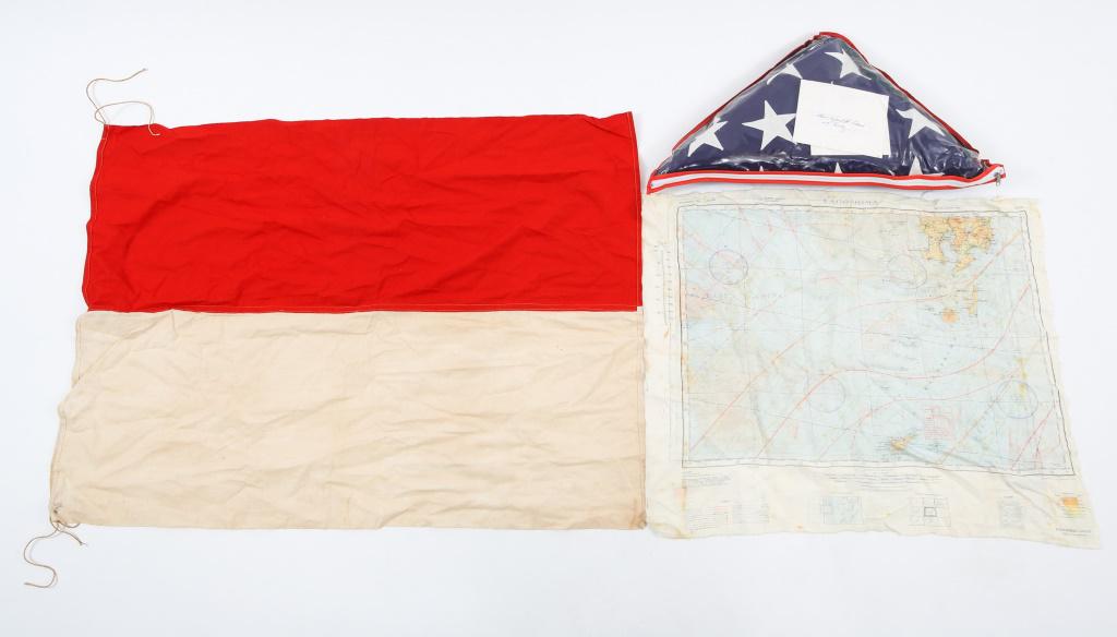 US ARMY AMERICAN FLAG - SILK MAP - SIGNAL FLAG LOT: US ARMY AMERICAN FLAG - SILK MAP - SIGNAL FLAG LOT 1- US Army Arlington Cemetery Soldier's Burial flag with Chief of Staff cards; WWII Pilot silk map of Nagasaki - Kogoshima dated 42, size 22" x 25"; 