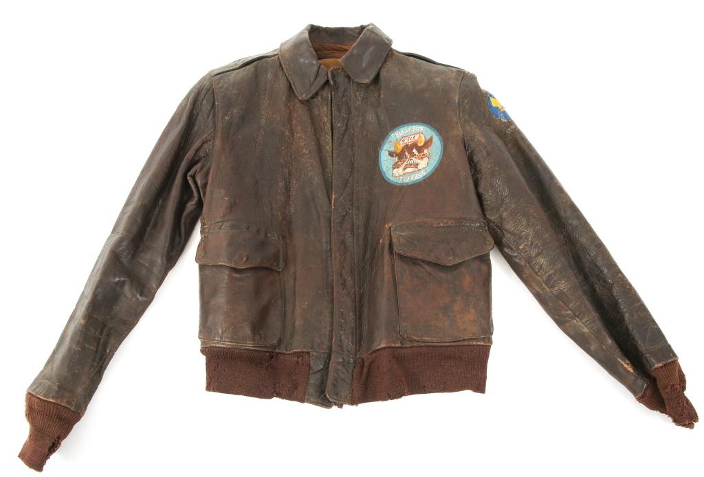 WWII 5th AAF 6th TROOP CARRIER SQ A2 FLIGHT JACKET: WWII 5th AAF 6th TROOP CARRIER SQ A2 FLIGHT JACKET WWII US Army 5th Air Force, 6th Troop Carrier Squadron, 374th TCG A2 leather flight jacket. Stamped " C.L. Hodgin " on the linen. Direct painting of 