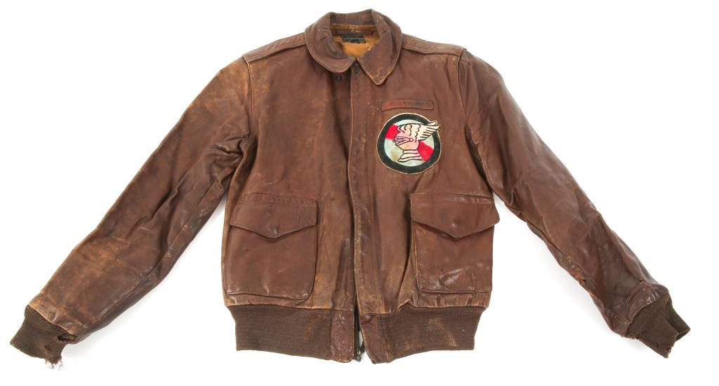WWII 5th AAF 9th FIGHTER SQUADRON A2 FLIGHT JACKET: WWII 5th AAF 9th FIGHTER SQUADRON A2 FLIGHT JACKET WWII US Army 5th Air Force, 9th Fighter Squadron, 49th Fighter Group named A-2 leather flight jacket. Name tag reads " K.E. Holmes". Cotton embroider