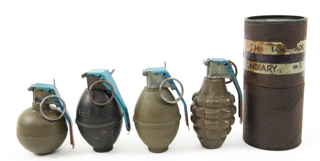 WWII - VIETNAM WAR US ARMED FORCES DUMMY GRENADES: WWII - VIETNAM WAR US ARMED FORCES DUMMY GRENADES WWII - Vietnam War era US Armed Forces Dummy / Training grenade, lot of 4, Mk II, Lemon and baseball pattern, 1- Incendiary AN-M14 empty grenade case.