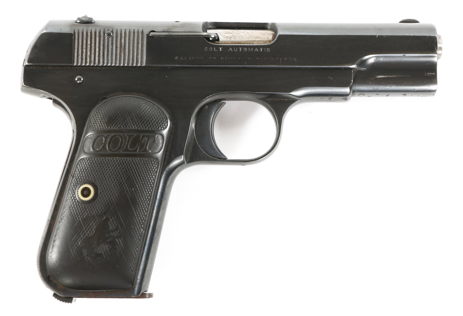 1915 COLT MODEL 1903 .32 CAL HAMMERLESS PISTOL: 1915 COLT MODEL 1903 .32 CAL HAMMERLESS PISTOL 1915 Colt model 1903 .32 Rimless Smokeless Hammerless pistol. Bakelite grips and blued finish. One magazine. Caliber / Gauge: .32 Rimless Barrel Length: 