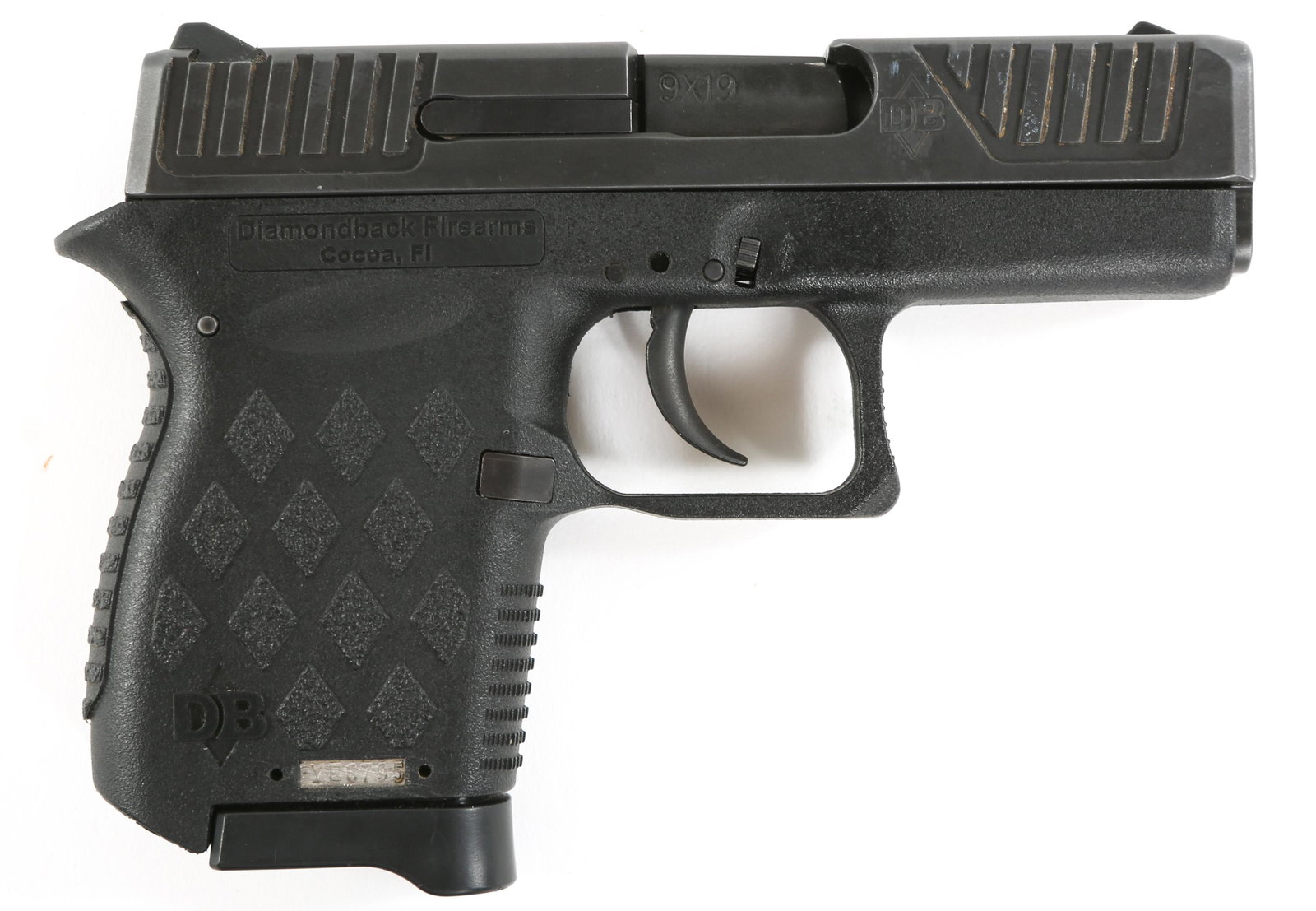 DIAMONDBACK MODEL DB9 9mm PISTOL: DIAMONDBACK MODEL DB9 9mm PISTOL Diamondback model DB9 9mm semi-automatic pocket pistol. One magazine. Caliber / Gauge: 9mm Barrel Length: 2.75" Serial Number: YE6795