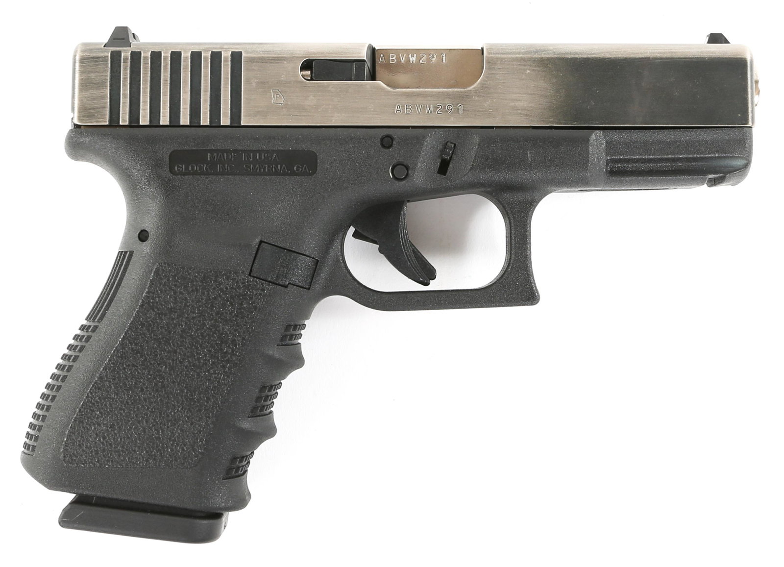 GLOCK MODEL 19 GEN 3 9mm PISTOL: GLOCK MODEL 19 GEN 3 9mm PISTOL Glock model 19 Gen 3 9mm semi-automatic pistol. Black frame and NIB Battleworn finish on slide. Matching serial numbers. One magazine. Caliber / Gauge: 9mm Barrel Lengt