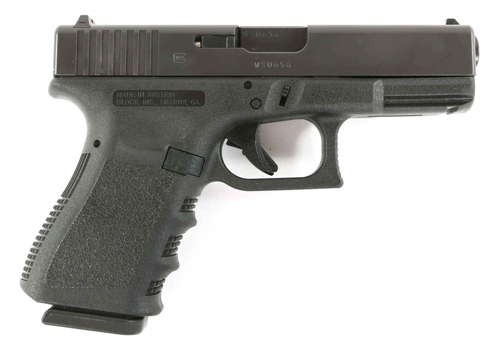 GLOCK MODEL 19 GEN 3 9mm COMPACT PISTOL: GLOCK MODEL 19 GEN 3 9mm COMPACT PISTOL Glock model 19 Gen 3 9mm compact semi-automatic pistol. Black frame and parkerized slide. One magazine. Matching serial numbers. Caliber / Gauge: 9mm Barrel Len