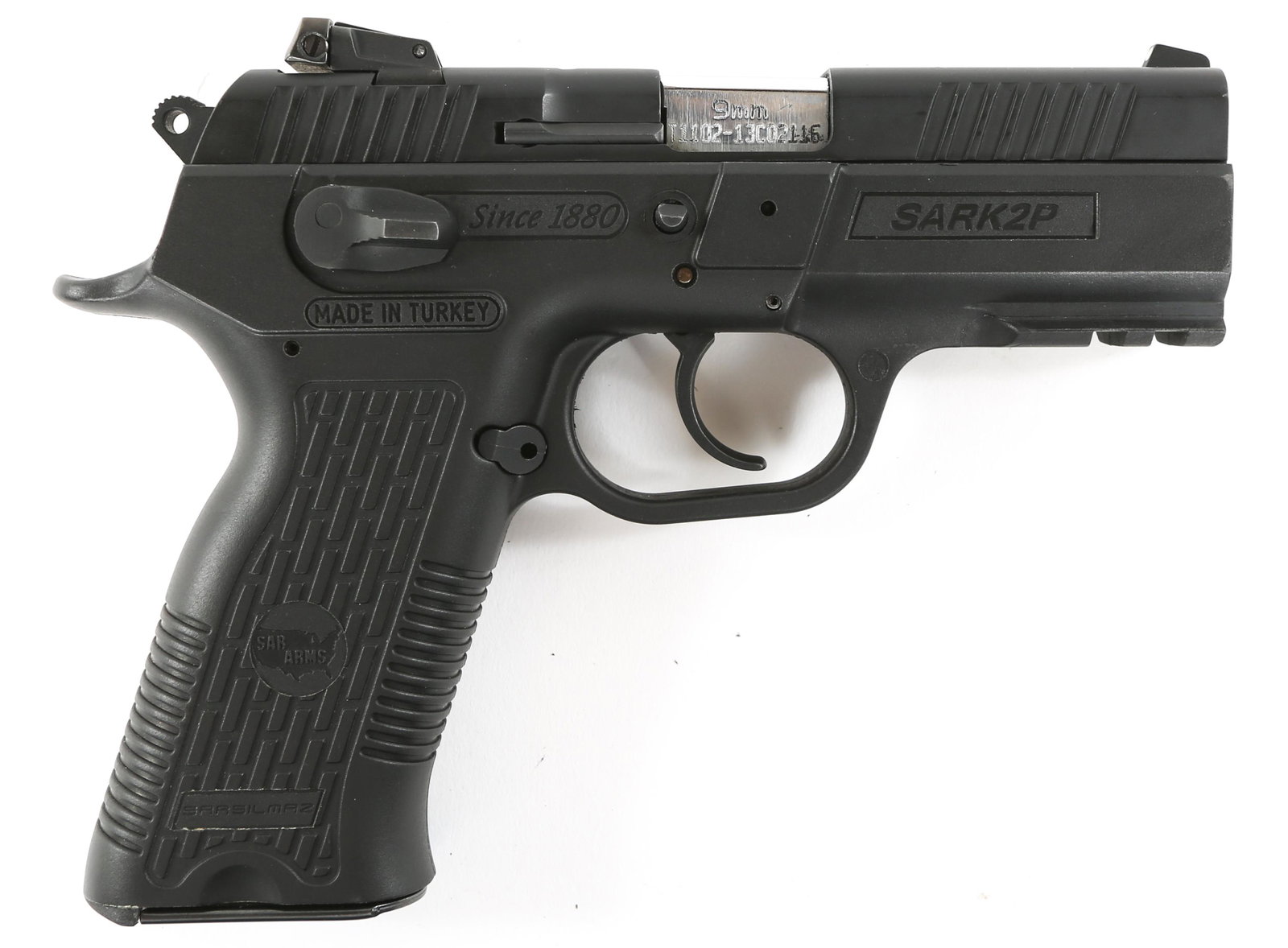 SAR ARMS MODEL SARK2P 9mm PISTOL: SAR ARMS MODEL SARK2P 9mm PISTOL SAR Arms model SARK2P 9mm pistol. Black synthetic frame and stainless barrel. One magazine. Made in Turkey. Imported by EAA. Caliber / Gauge: 9mm Barrel Length: 3.5" S