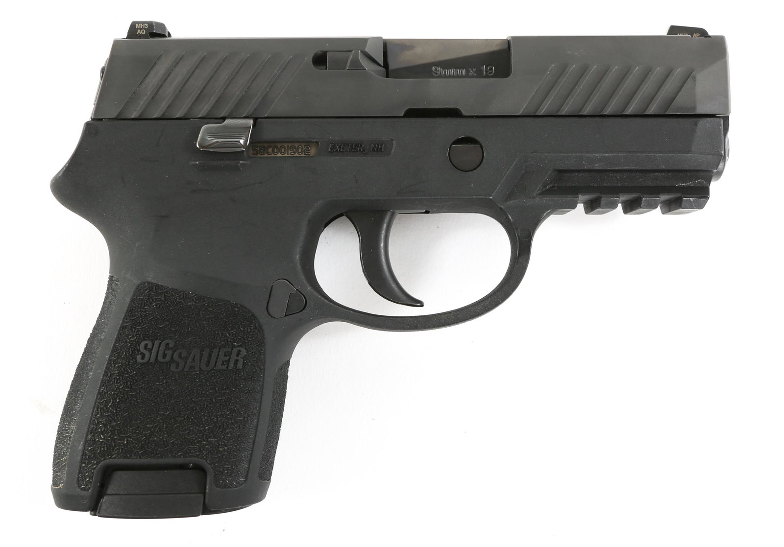 SIG SAUER MODEL P320 9mm COMPACT PISTOL: SIG SAUER MODEL P320 9mm COMPACT PISTOL Sig Sauer model P320 9mm compact semi-automatic pistol. One magazine. Black frame and parkerized slide. Night sights. Caliber / Gauge: 9mm Barrel Length: 3.5" S