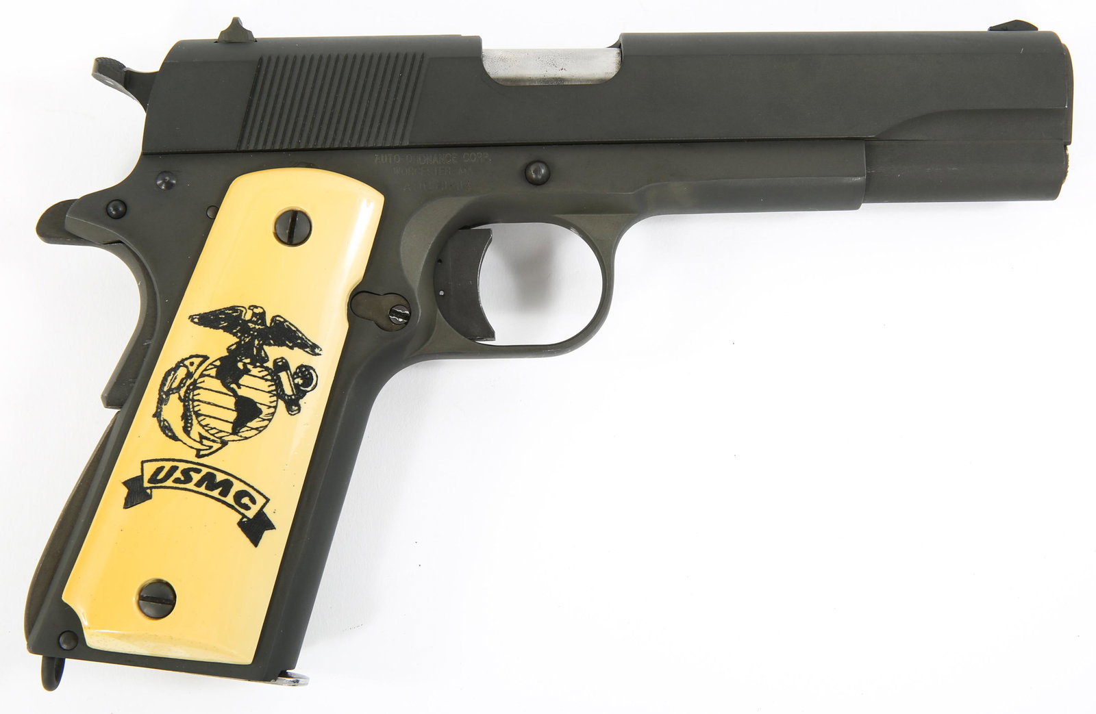 AUTO ORDNANCE MODEL 1911A1 U.S ARMY .45 ACP PISTOL: AUTO ORDNANCE MODEL 1911A1 U.S ARMY .45 ACP PISTOL Auto Ordnance Corp. model 1911A1 U.S. Army .45 ACP pistol, in original hard case. White plastic grips, engraved with famous scene of US Marines raisi