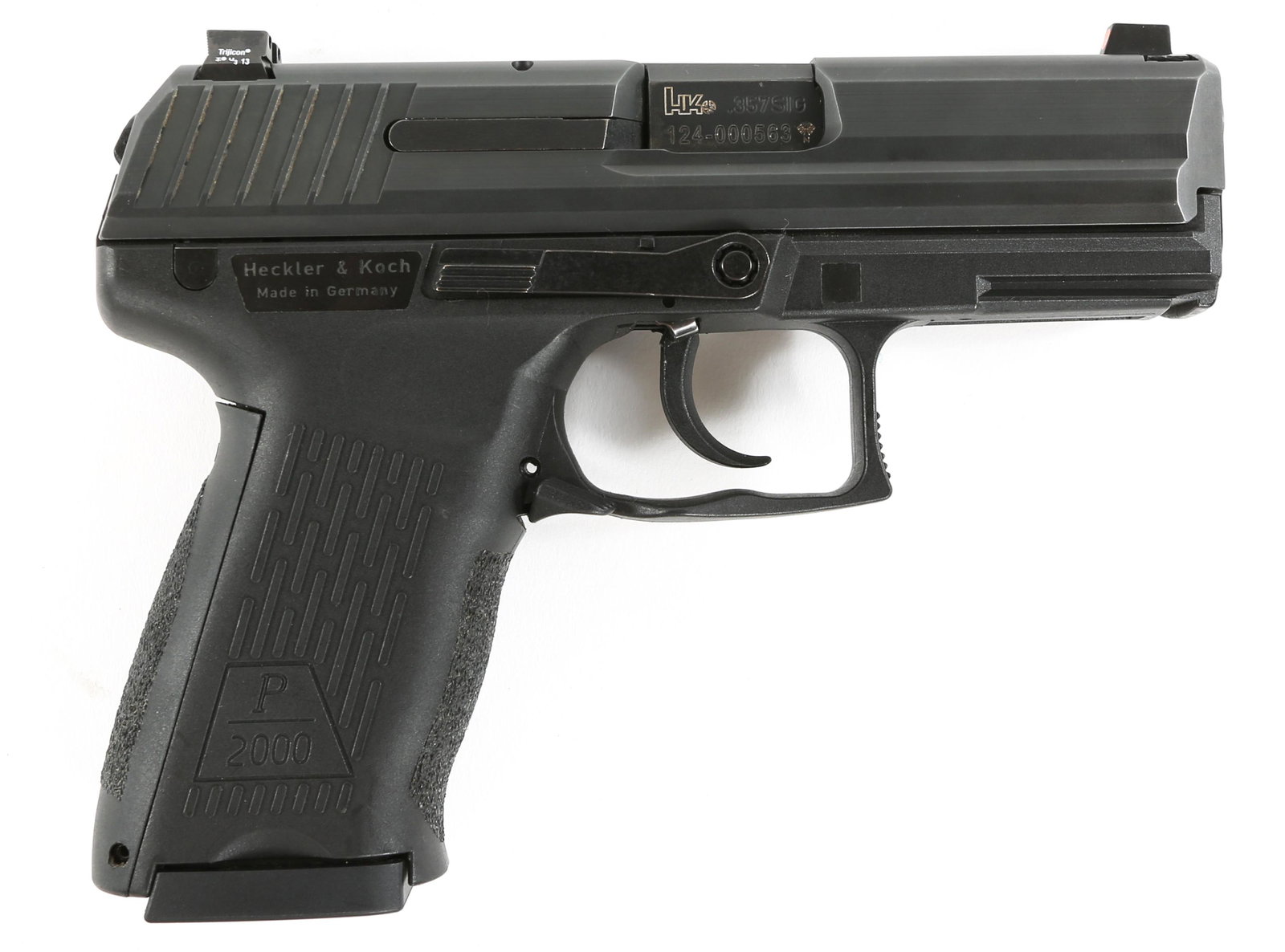 H&K P2000 .357 SIG PISTOL WITH NIGHT SIGHTS: H&K P2000 .357 SIG PISTOL WITH NIGHT SIGHTS Heckler & Koch model P2000 semi-automatic .357 Sig. pistol with Trijicon "H3 13" night sights. One magazine. Caliber / Gauge: .357 SIG Barrel Length: 3.5" S