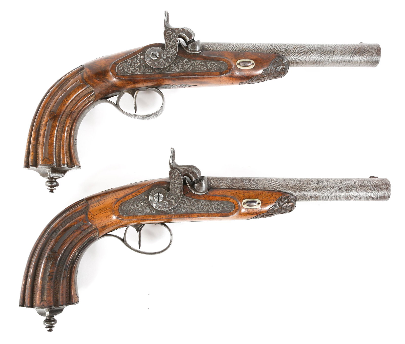 BELGIAN DAMASCUS BARREL PERCUSSION PISTOL PAIR: BELGIAN DAMASCUS BARREL PERCUSSION PISTOL PAIR Belgian made, damascus barreled .52 caliber percussion pistol pair. Top of barrels engraved in German: "G.B. BUB IN NEUENBURG." Scripted "W" on initial p