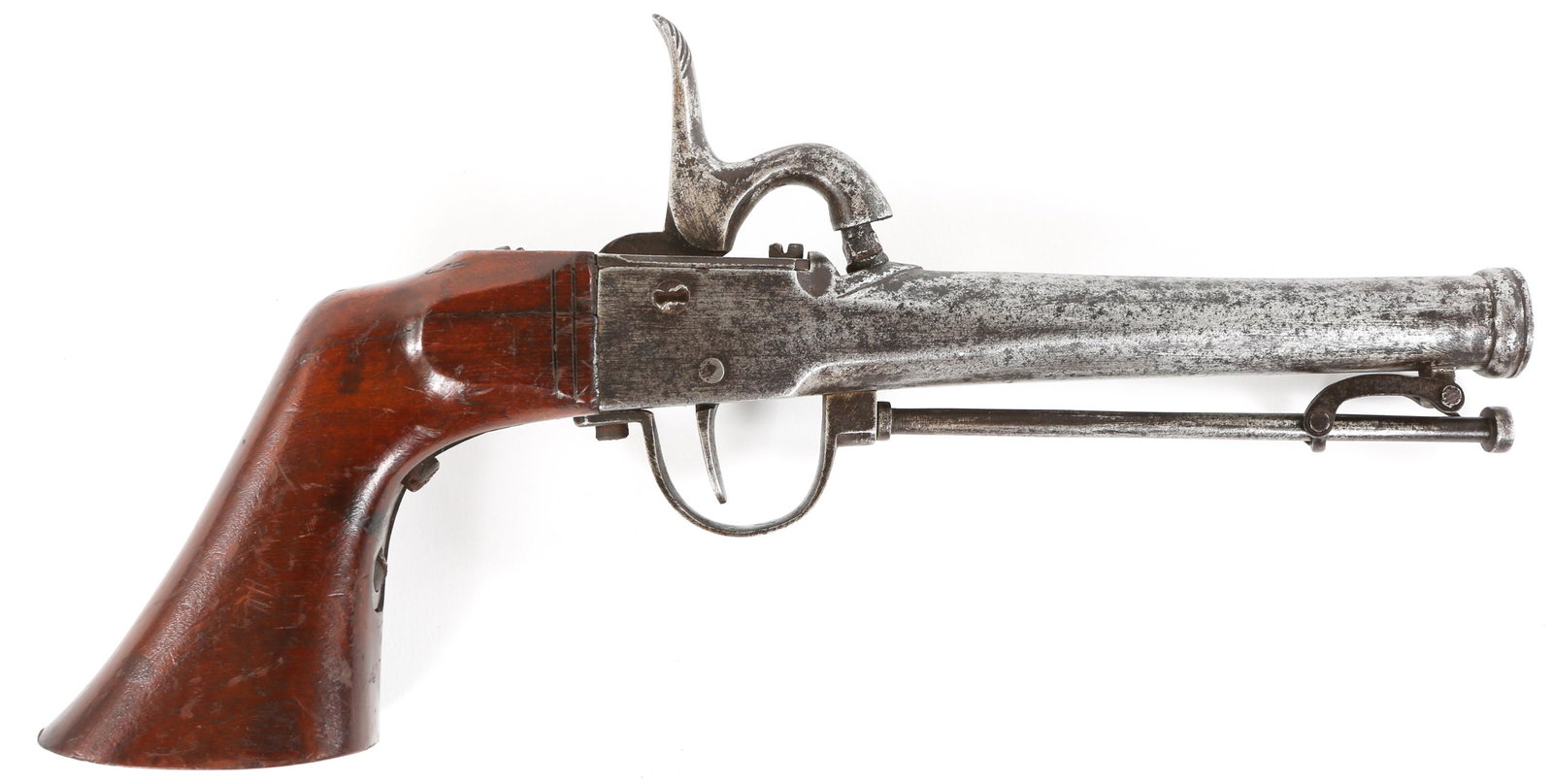 JAPANESE 9mm BOXLOCK BELT PISTOL: JAPANESE 9mm BOXLOCK BELT PISTOL 19th century Japanese made copy of a Belgian 9mm percussion boxlock single shot terzerol belt pistol. No markings. 10.25" total length. Provenance: Search: “Buie” 