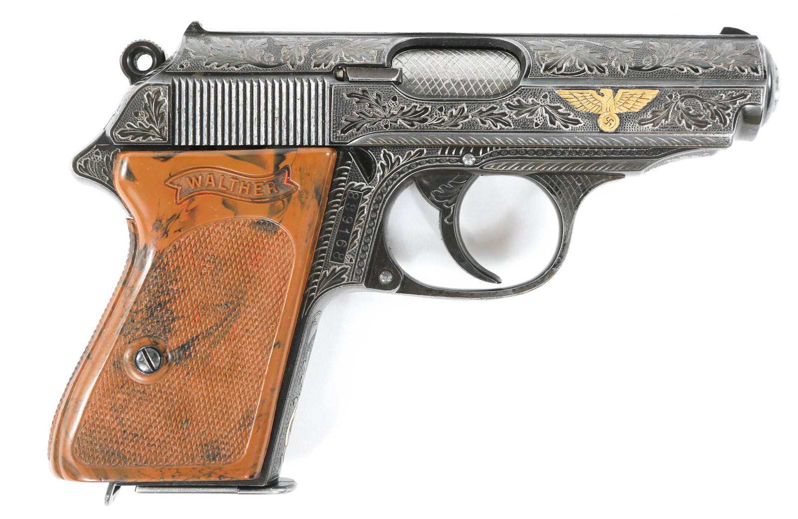 ENGRAVED PRE WAR WALTHER MODEL PPK PISTOL: ENGRAVED PRE WAR WALTHER MODEL PPK PISTOL Pre World War II Walther Model PPK 7.65mm pistol. Finely engraved and decorated post war with oak leaf design, gold party eagle and a gold intertwined "AS" on