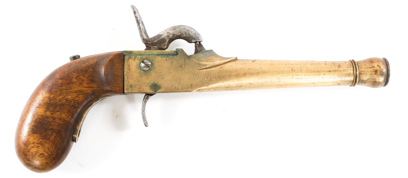JAPAN MADE TERZEROL SINGLE SHOT PERCUSSION PISTOL: JAPAN MADE TERZEROL SINGLE SHOT PERCUSSION PISTOL Japanese made copy of a Belgian terzerol single shot percussion pistol. Japanese 1872 Wakayana Prefecture registration on top of barrel. 10.75" total 