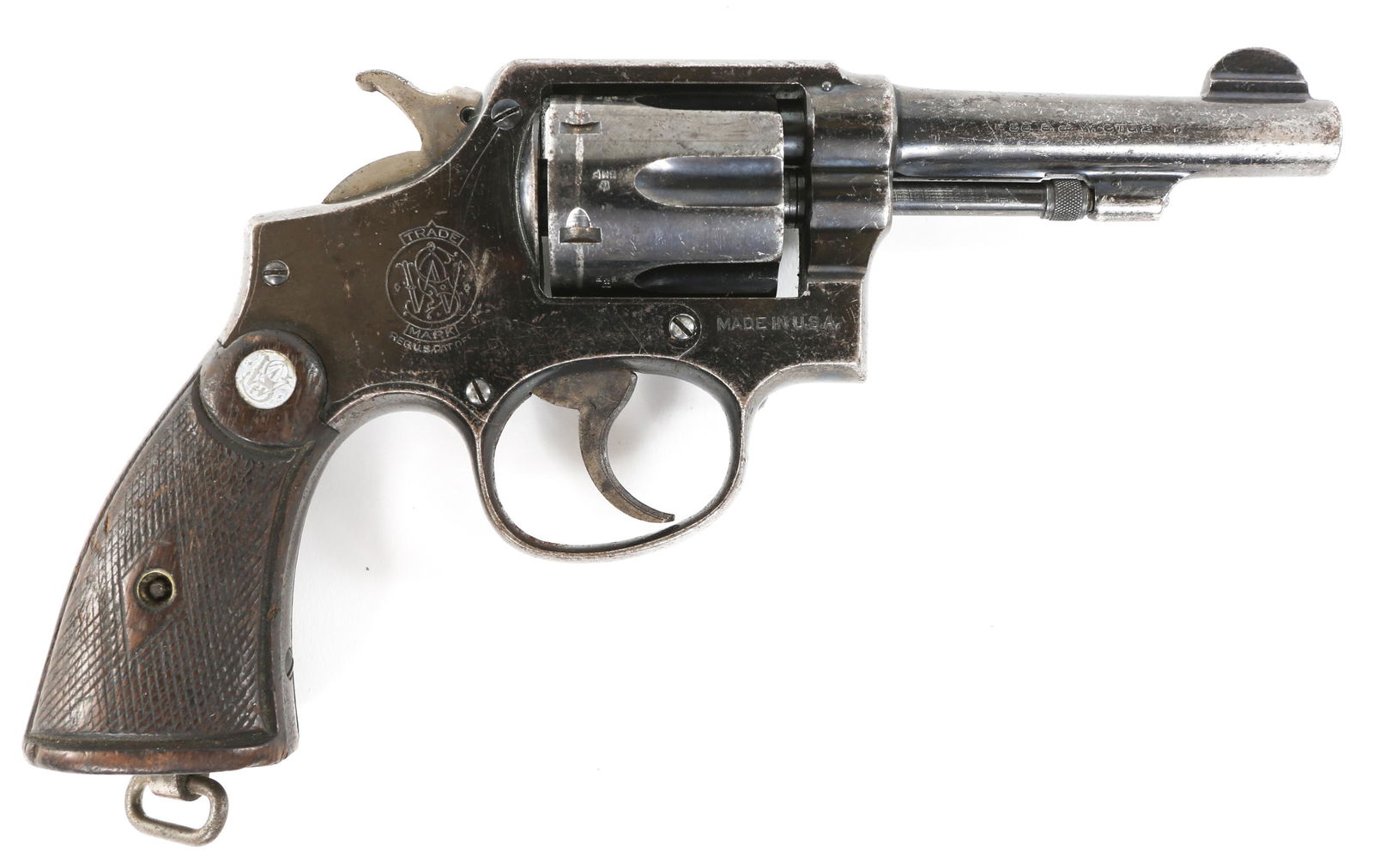 SMITH AND WESSON MODEL 1905 M&P REVOLVER: SMITH AND WESSON MODEL 1905 M&P REVOLVER Smith and Wesson model 1905 M&P revolver chambered in .38 S&W cartridge. BNP under crown stamped on cylinder six times, on upper left side of frame just forwar