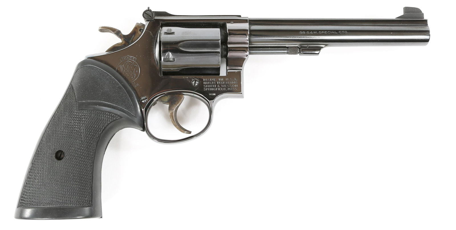 SMITH AND WESSON MODEL 14-3 REVOLVER .38 CALIBER: SMITH AND WESSON MODEL 14-3 REVOLVER .38 CALIBER Smith and Wesson model 14-3 K frame .38 caliber revolver. Adjustable rear sight. Pachmayr rubber presentation grips. Left side of barrel marked with Ge
