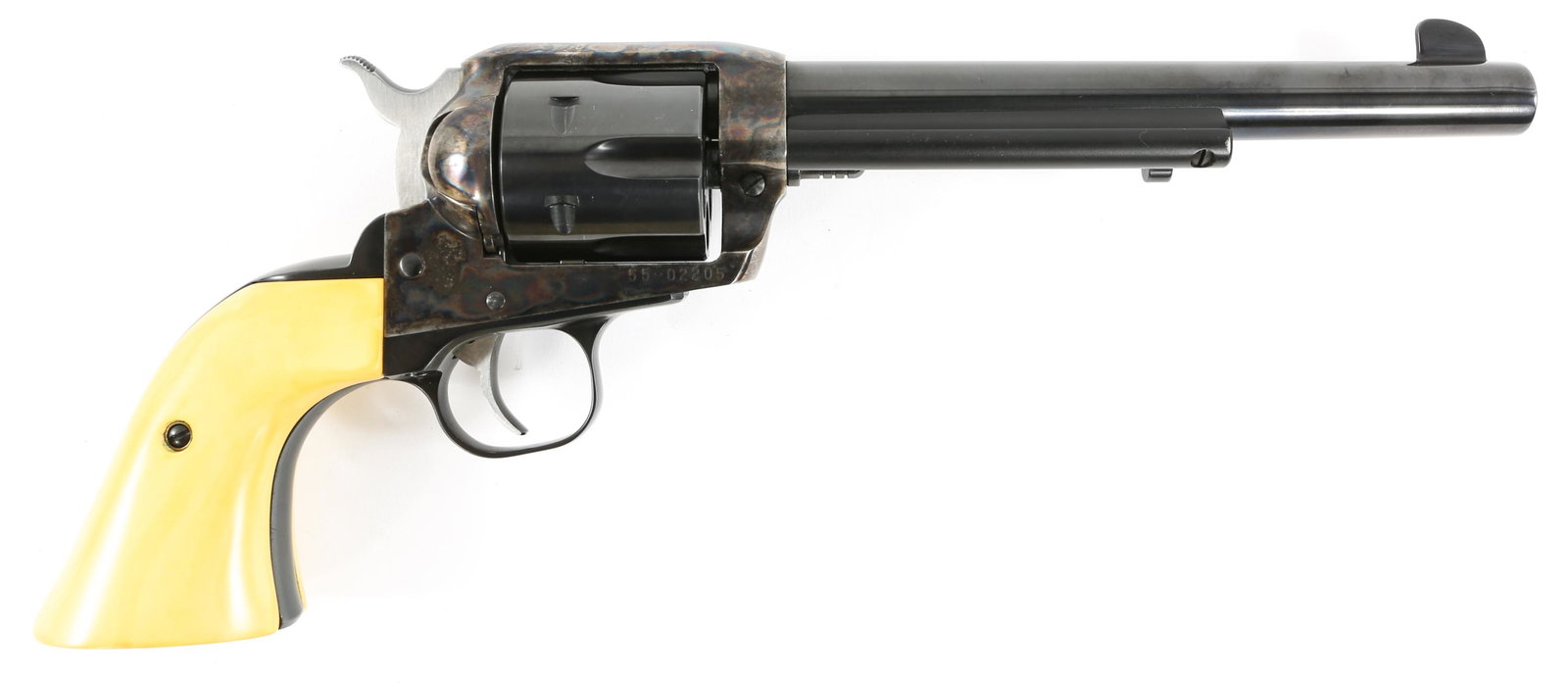 RUGER MODEL VAQUERO .45 LC 6-SHOT SA REVOLVER: RUGER MODEL VAQUERO .45 LC 6-SHOT SA REVOLVER Ruger model Vaquero .45 Long Colt 6-shot single-action revolver. Blued finish, bone colored synthetic grips. Original walnut grips included. Accompanied b