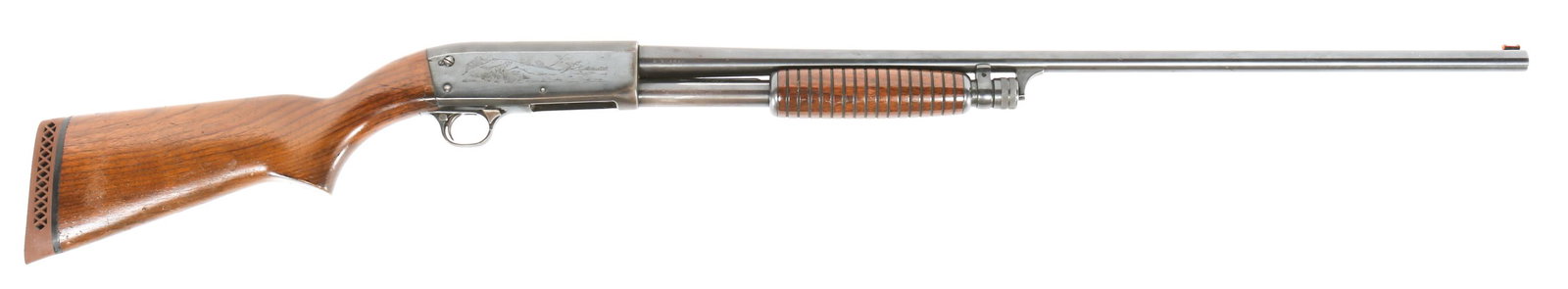 ITHACA MODEL 37 FEATHERLIGHT 20 GA SHOTGUN: ITHACA MODEL 37 FEATHERLIGHT 20 GA SHOTGUN Ithaca model 37 Featherlight 20 gauge pump-action shotgun. 2.75" chamber. Modified choke. Walnut stock, and blued finish. Duck, dog and pheasant scenes engra