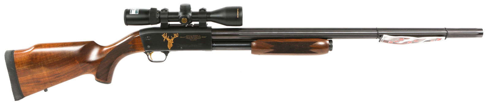 ITHACA M37 DEERSLAYER III TRIBUTE EDITION SHOTGUN: ITHACA M37 DEERSLAYER III TRIBUTE EDITION SHOTGUN Ithaca model 37 Deerslayer III "Tribute Edition" 12 GA rifled, pump-action shotgun, with Nikon Slughunter scope. 3" chamber. Right side of receiver re