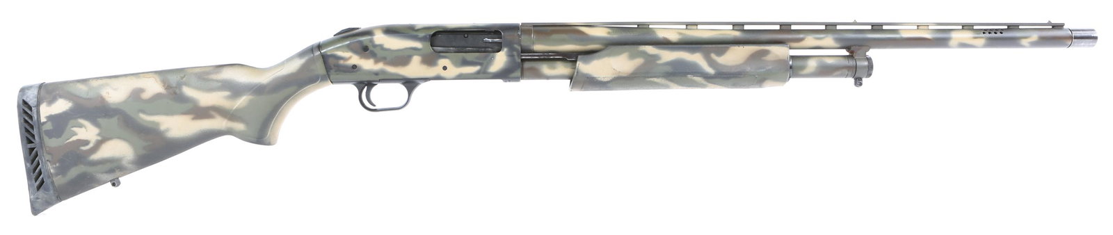 MOSSBERG MODEL 500A 12 GAUGE CAMO SHOTGUN: MOSSBERG MODEL 500A 12 GAUGE CAMO SHOTGUN Mossberg model 500A 12 gauge pump-action camouflage shotgun. 2.75”- 3” chamber. Synthetic stock. Both stock and barrel are painted with a custom camouflag