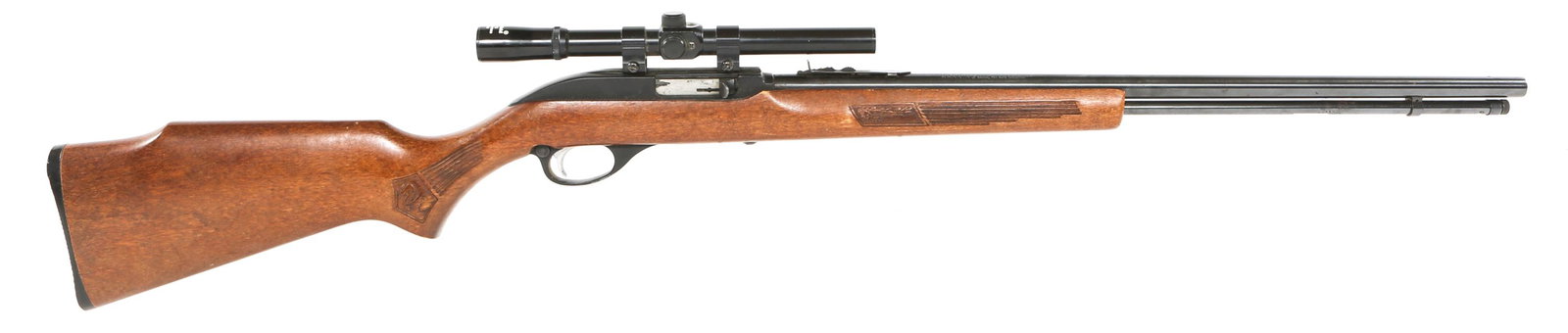 MARLIN GLENFIELD MODEL 60 RIFLE .22 LR WITH SCOPE: MARLIN GLENFIELD MODEL 60 RIFLE .22 LR WITH SCOPE Marlin Glenfield Model 60 .22 LR rifle. Glenfield 4x15 opti-centered scope affixed. Wooden stock is engraved with leaves and squirrels. Caliber / Gaug