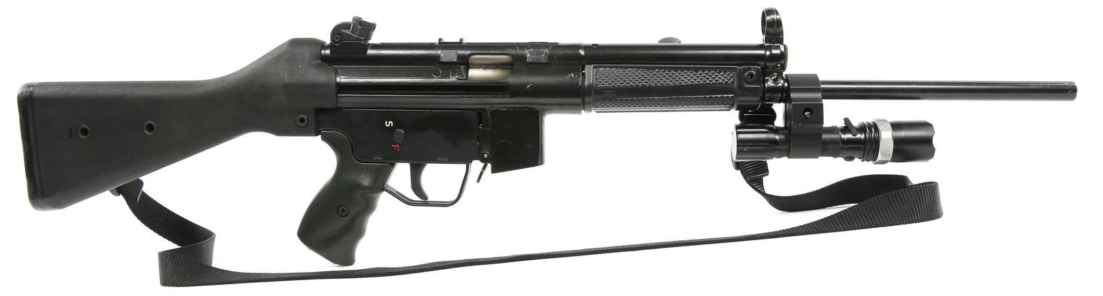 SPECIAL WEAPONS MODEL SW45 .45 ACP RIFLE: SPECIAL WEAPONS MODEL SW45 .45 ACP RIFLE Special Weapons model SW45 .45 ACP rifle. Nylon sling. Police 500W flashlight mounted. Black synthetic stock. Black paint finish. No magazine. NEBO flashlight 