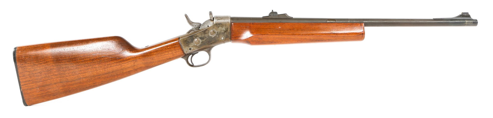 REMINGTON ROLLING BLOCK .30 CAL CARBINE: REMINGTON ROLLING BLOCK .30 CAL CARBINE Remington Rolling Block Carbine. Replacement barrel muzzle measures .30 caliber. Exact caliber is unknown. Walnut stock, barrel has parkerized finish, receiver 