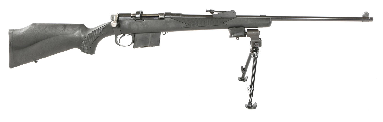 BRITISH ISHAPORE M2A1 7.62mm SPORTERIZED RIFLE: BRITISH ISHAPORE M2A1 7.62mm SPORTERIZED RIFLE 1967 British Enfield Ishapore model 2A1 7.62mm NATO sporterized bolt-action rifle. Gibbs bipod. Black synthetic stock. One magazine. Matching serial numb