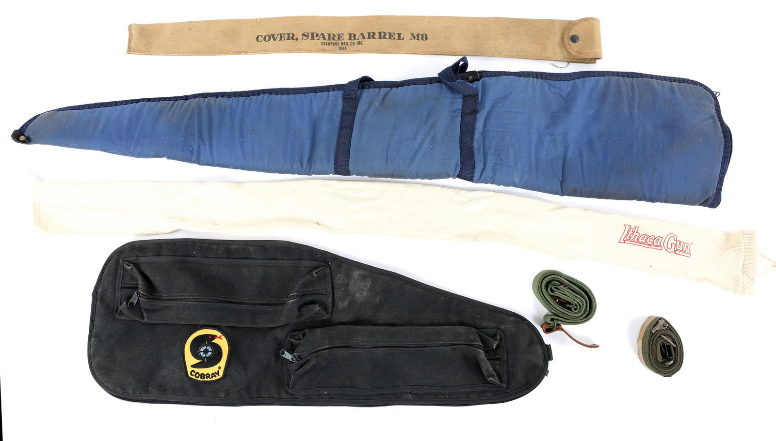 SLING, SOFT CASE AND GUN SOCK LOT: SLING, SOFT CASE AND GUN SOCK LOT One Ithaca gun sock. One M8 spare barrel carry cover. Two slings. One Cobray soft case.