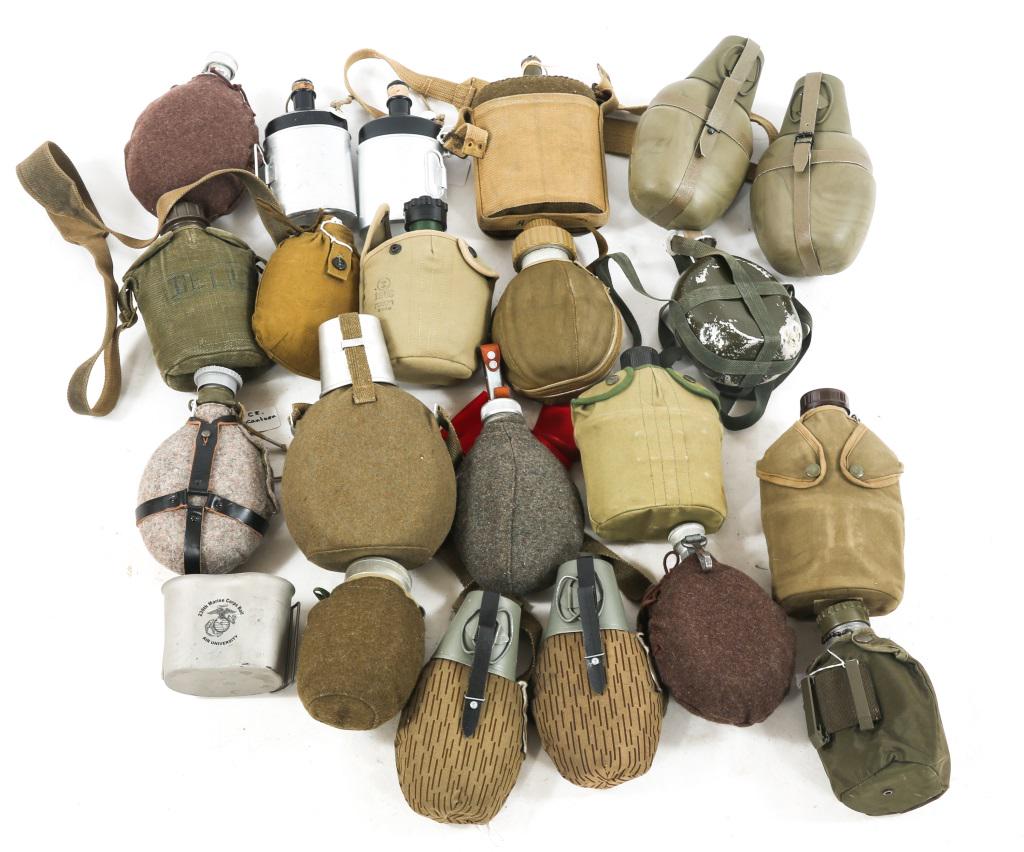 WORLD ARMIES CANTEEN LOT: WORLD ARMIES CANTEEN LOT Lot includes but is not limited to: USMC, US army, Post-war German splinter camouflage cover canteens & much more.