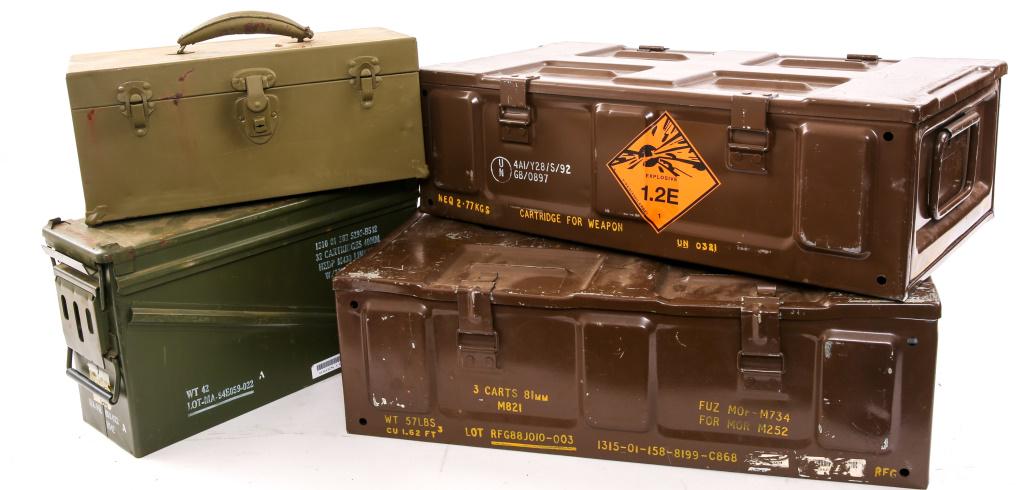 WORLD MILITARY METAL AMMO CRATE & CAN LOT OF 4: WORLD MILITARY METAL AMMO CRATE & CAN LOT OF 4