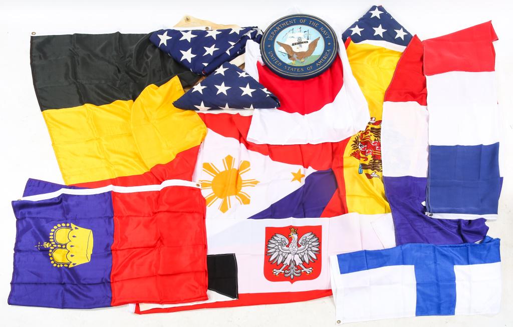 AMERICAN & MILITARY NOVELTY FLAGS AND SIGN: AMERICAN & MILITARY NOVELTY FLAGS AND SIGN Lot of American and Military novelty flags and Navy sign.