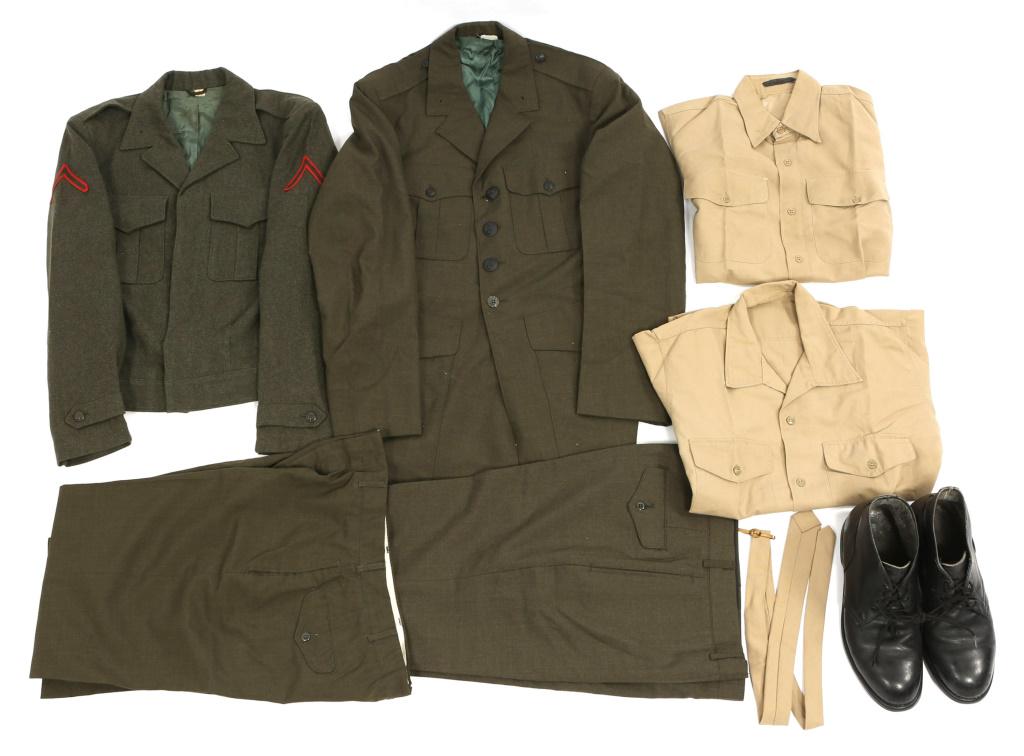 VIETNAM WAR US MARINE CORPS UNIFORM LOT: VIETNAM WAR US MARINE CORPS UNIFORM LOT Two USMC dress green tunics, two USMC dress green pants, two USMC khaki shirts, one USMC khaki tie with EGA tie clip, and one pair of USMC boots, dated 1967, si