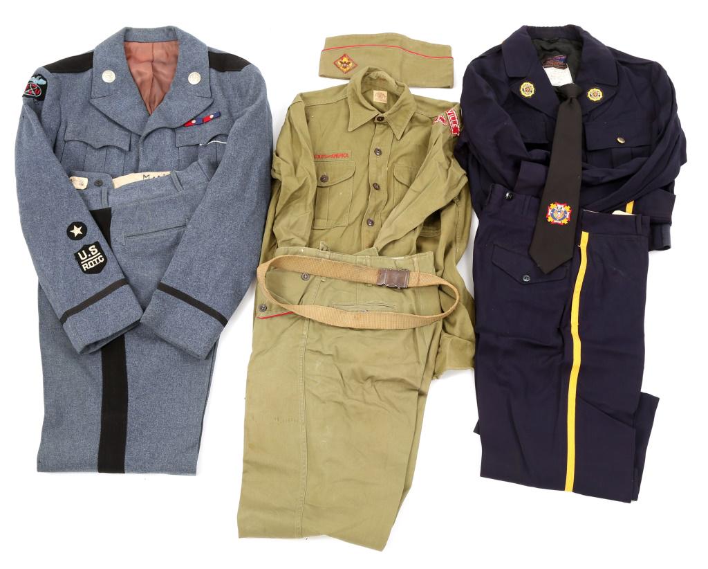 US ROTC BOY SCOUT & AMERICAN LEGION CHILD UNIFORM: US ROTC BOY SCOUT & AMERICAN LEGION CHILD UNIFORM US ROTC dress uniform tunic, pants. Boy Scout of America uniform, shirt, pants, hat and belt. US VFW, American Legion uniform, tunic, pants and tie. S