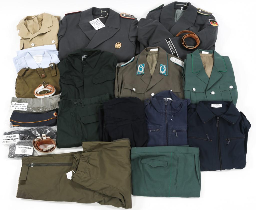 EAST & WEST GERMAN MILITARY DRESS UNIFORMS: EAST & WEST GERMAN MILITARY DRESS UNIFORMS Lot of assorted Post WWII era East & West German uniforms. Jackets, dress tunics, pants, shirts, belts & more. Size: S-M-L