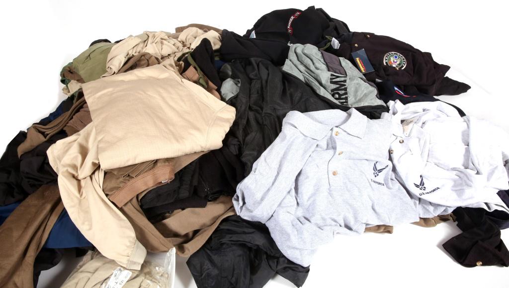 ARMY - NAVY SURPLUS MILITARY CLOTHING LOT: ARMY - NAVY SURPLUS MILITARY CLOTHING LOT Army - Navy Surplus, Large lot of mixed Military clothing, winter PP, PT shorts and pants, jackets, shirts and much more. Over 65lbs. Size: S - M - L - XL